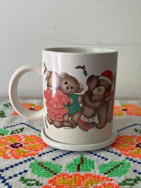 Vintage Holiday Teddy Bear Mug with Coaster